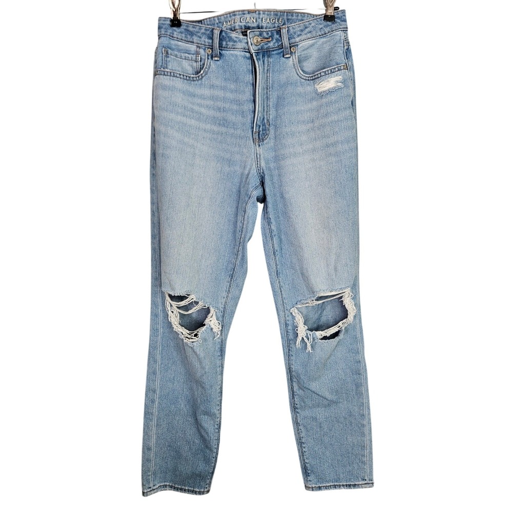 American Eagle Slim Mom Jeans Light Wash Distressed Ripped Knee High Rise 6/29‎